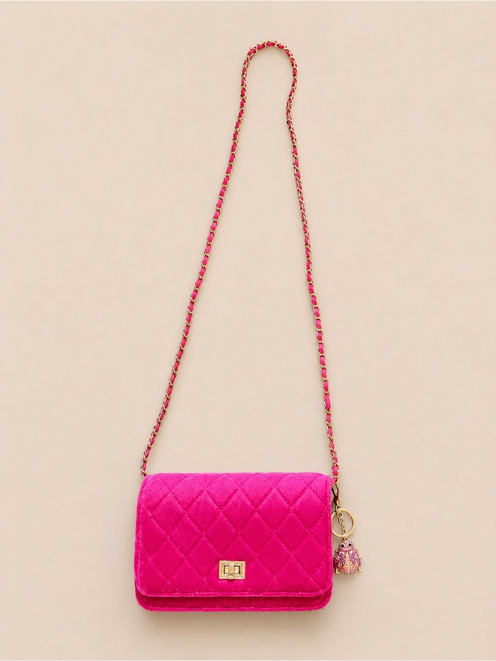 Fuchsia Pink Quilted Velvet Crossbody Bag w/ Ladybug Charm